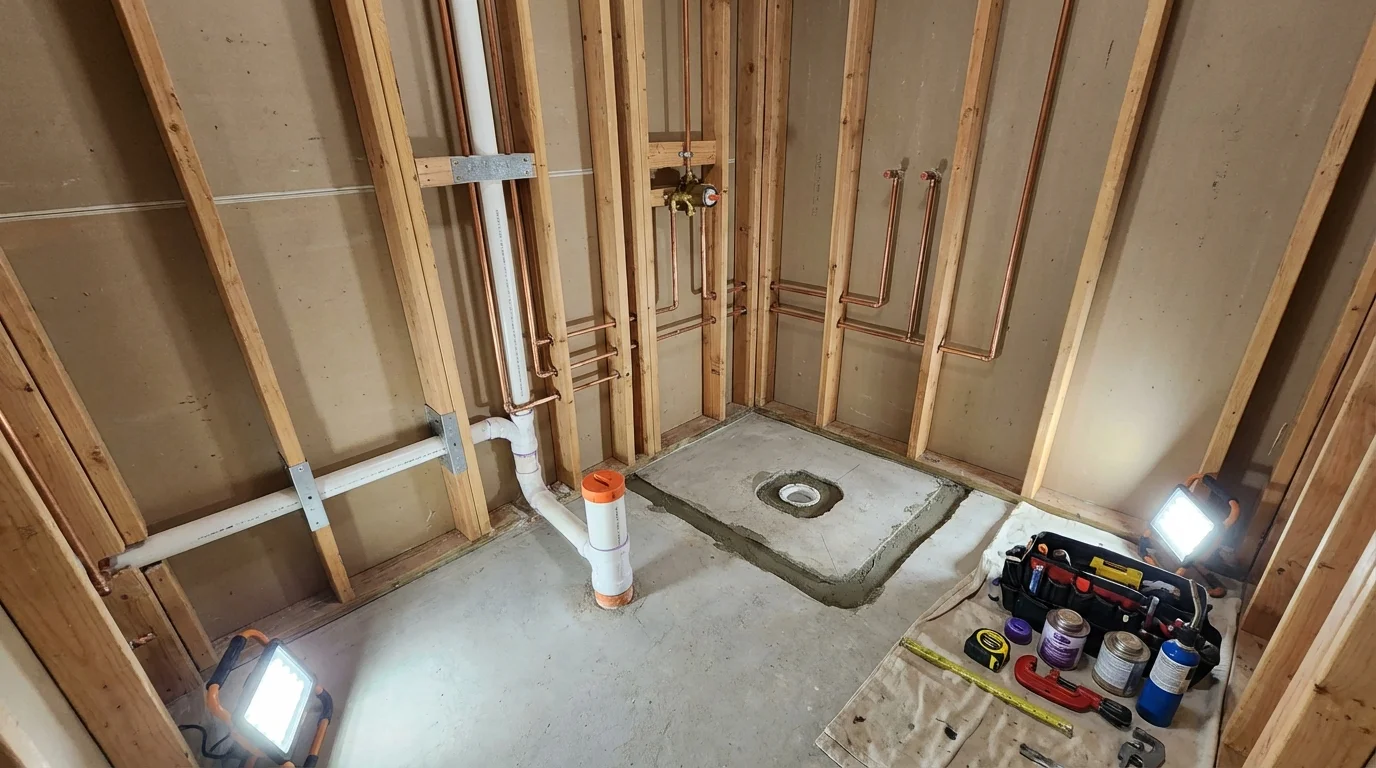 Bathroom rough-in plumbing during remodel by Johns Plumbing LLC in West Hempstead