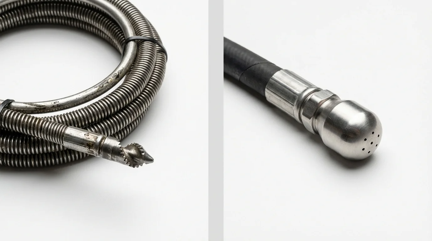 Drain snake cable and hydro jetting nozzle used for drain cleaning in West Hempstead, NY