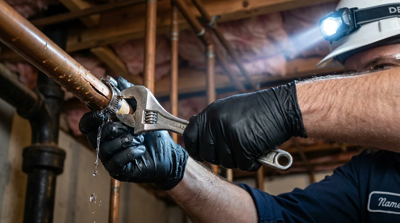 Emergency pipe clamp repair being performed by a Johns Plumbing LLC plumber in West Hempstead