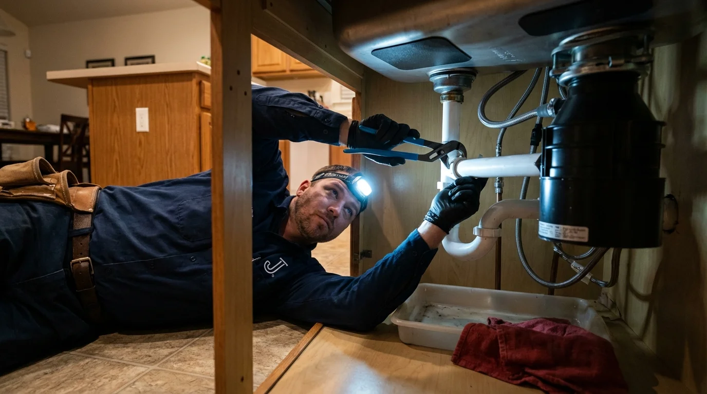 P-trap and supply line connections under a kitchen sink showing a common leak point in West Hempstead, NY